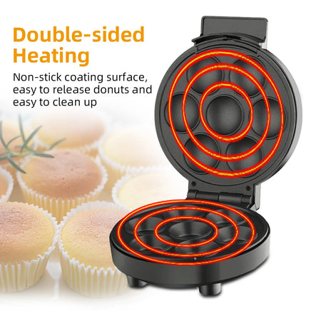 Double-sided donut maker with glowing heating elements and donuts in the background.