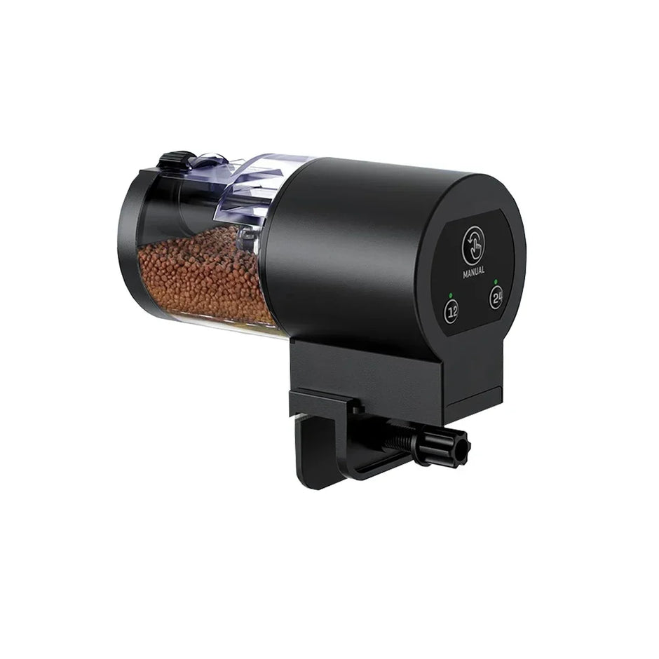 Black pet food dispenser with clear container on a white background