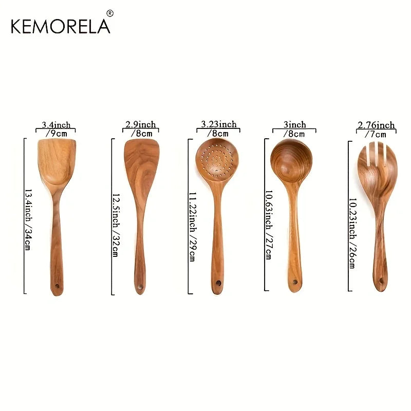 Set of wooden utensils with measurements labeled, featuring the brand 'KEMORELA'.