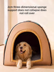 Dog inside a beige pet bed with text about 2cm three-dimensional sponge support.
