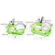 Green dish drying rack with measurements on a white background