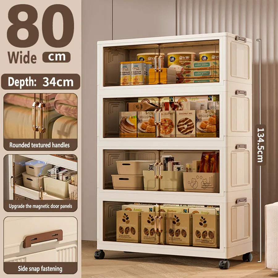 White storage cabinet with shelves filled with products, showing dimensions and features.