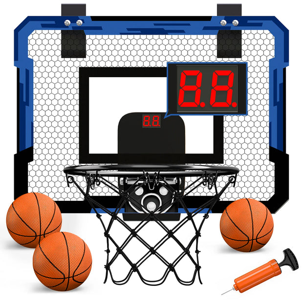 Mini basketball hoop set with three basketballs and a pump on a white background