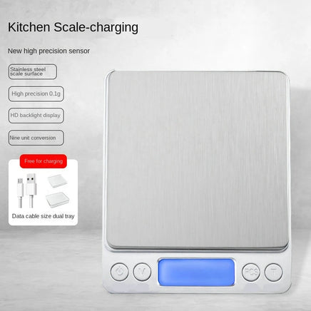 Digital kitchen scale with battery type information on a gray background