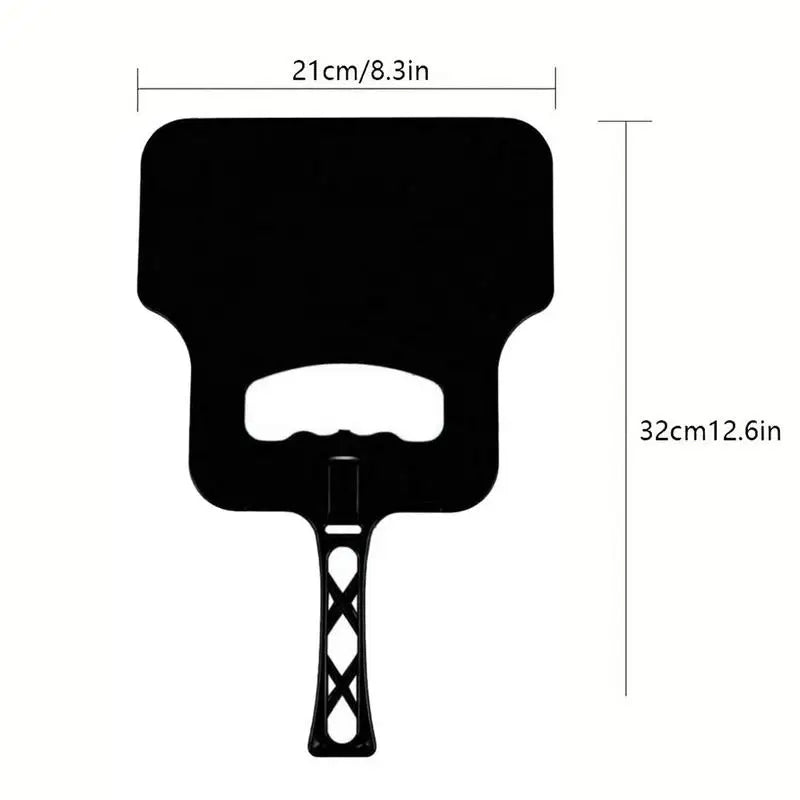 Black paddle with measurements on a white background