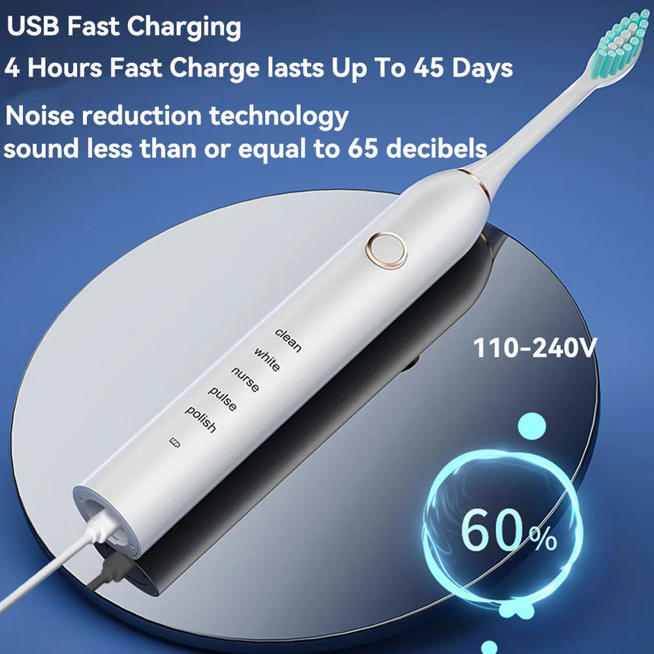 Electric toothbrush with charging cable on a blue background, featuring text about USB fast charging and noise reduction technology.