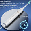 Electric toothbrush with charging cable on a blue background, featuring text about USB fast charging and noise reduction technology.