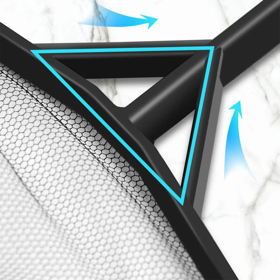 Close-up of a black and blue triangular design on a textured white background