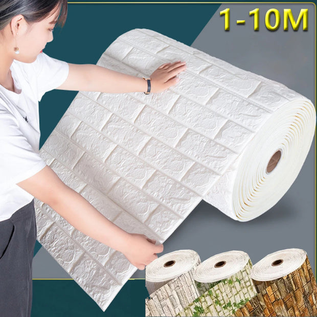 Person holding a large roll of white brick-patterned wallpaper with additional rolls displayed below.