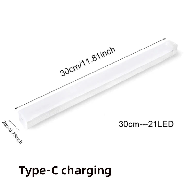 White LED strip with dimensions and charging information on a white background