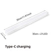 White LED strip with dimensions and charging information on a white background