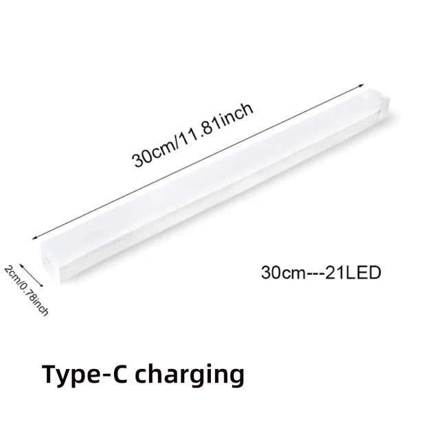 White LED strip with dimensions and charging information on a white background
