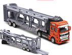 Toy car transporter truck with open cargo area on a white background