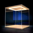 Modern glass display case with wooden base and top on a dark background