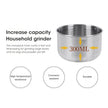 Stainless steel household grinder with capacity label on a white background