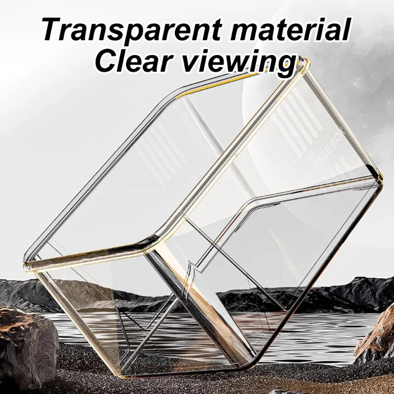 Clear geometric glass object with 'Transparent material Clear viewing' text on a natural background