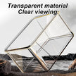 Clear geometric glass object with 'Transparent material Clear viewing' text on a natural background