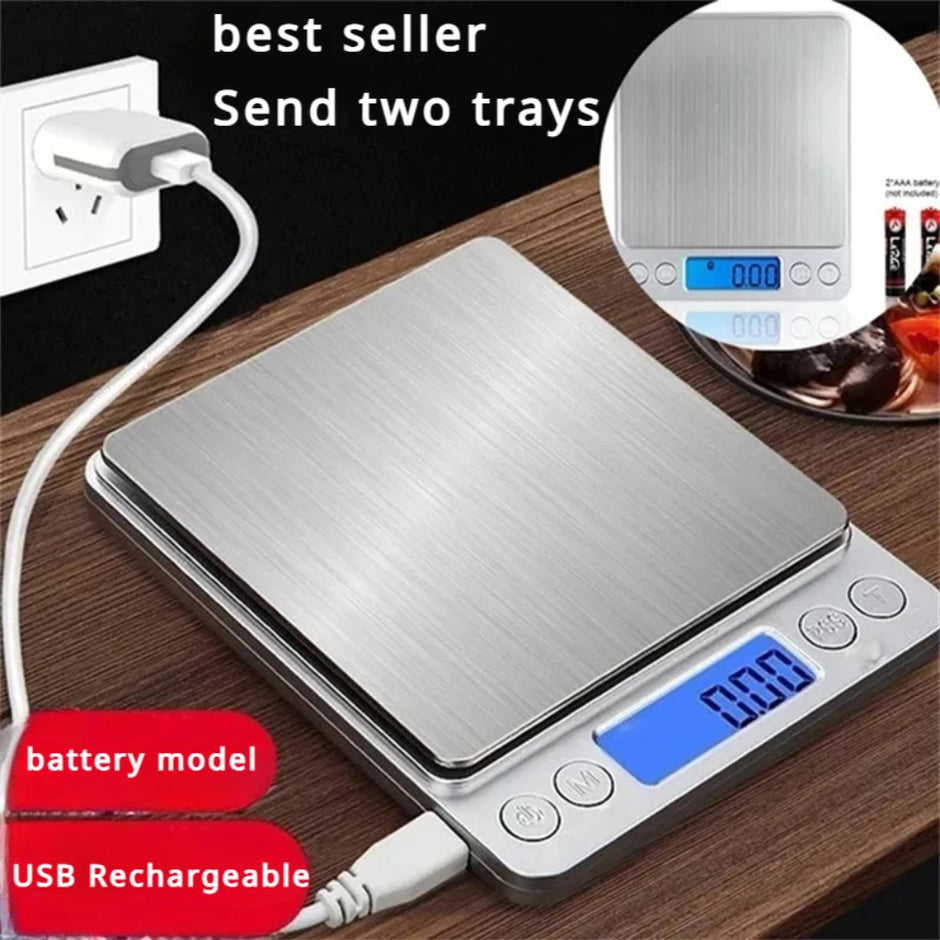 Digital kitchen scale with USB charging cable on a wooden surface, labeled as a best seller.