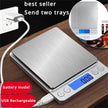 Digital kitchen scale with USB charging cable on a wooden surface, labeled as a best seller.