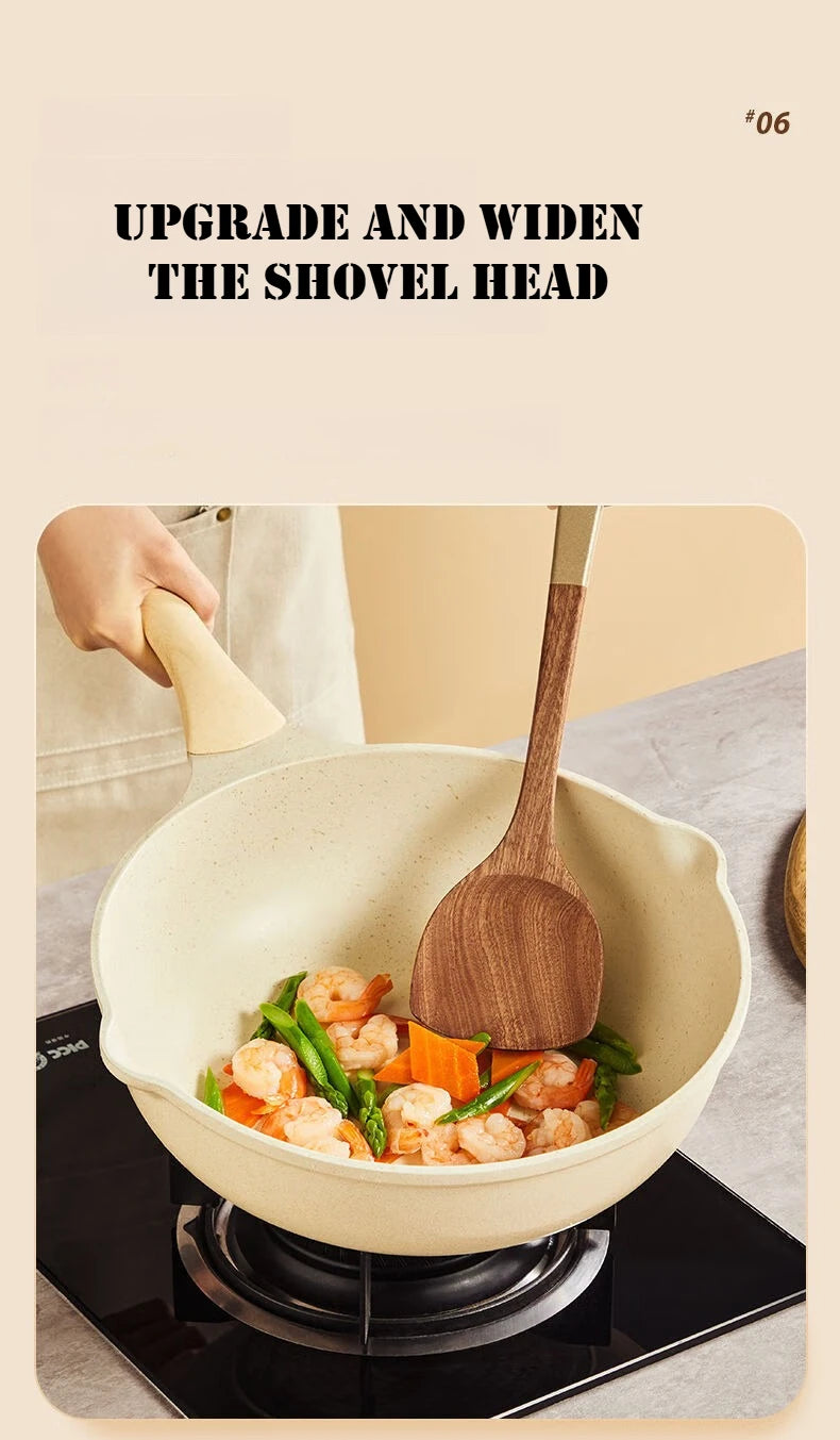 Wok with food being stirred using a wooden spoon on a stove, with text 'Upgrade and widen the shovel head'.
