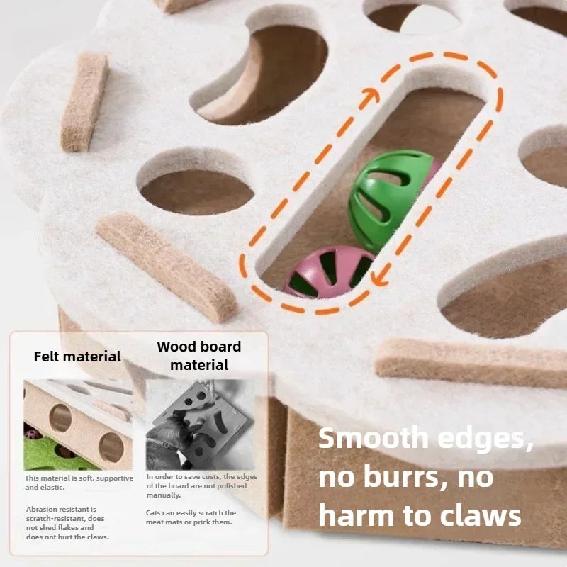Wooden cat toy with felt material and smooth edges on a white background