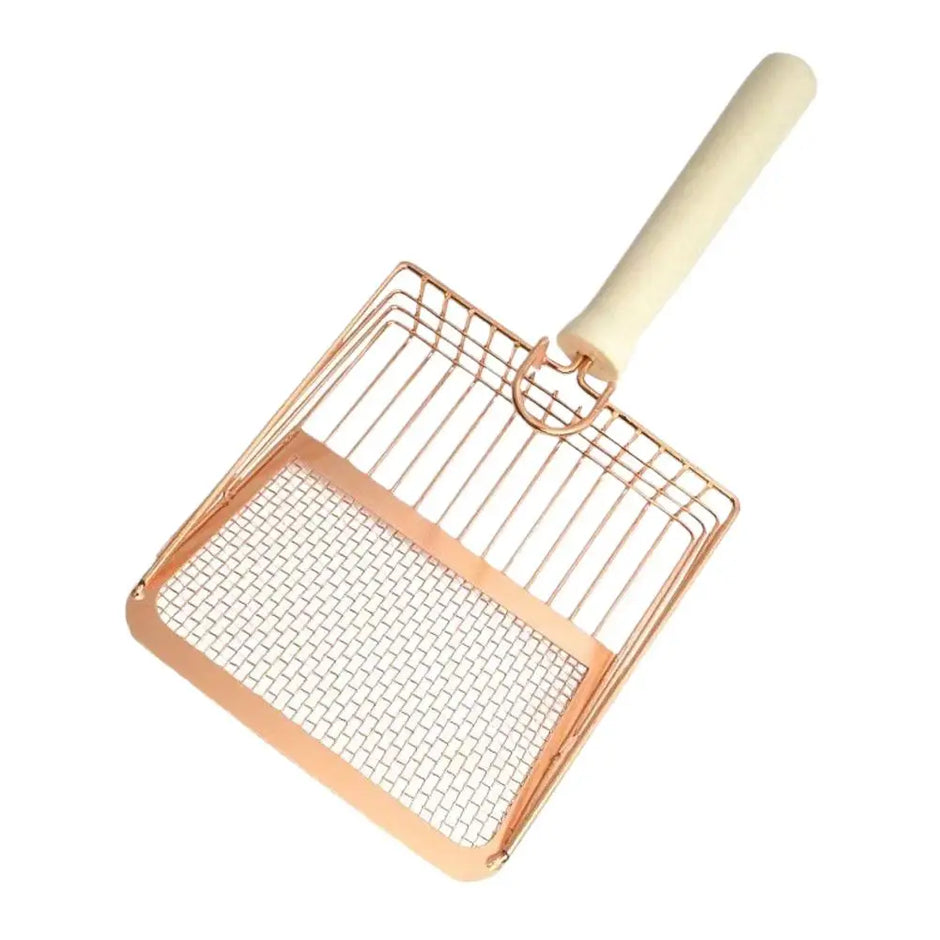 Rose gold metal mesh strainer with a wooden handle on a white background