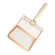 Rose gold metal mesh strainer with a wooden handle on a white background