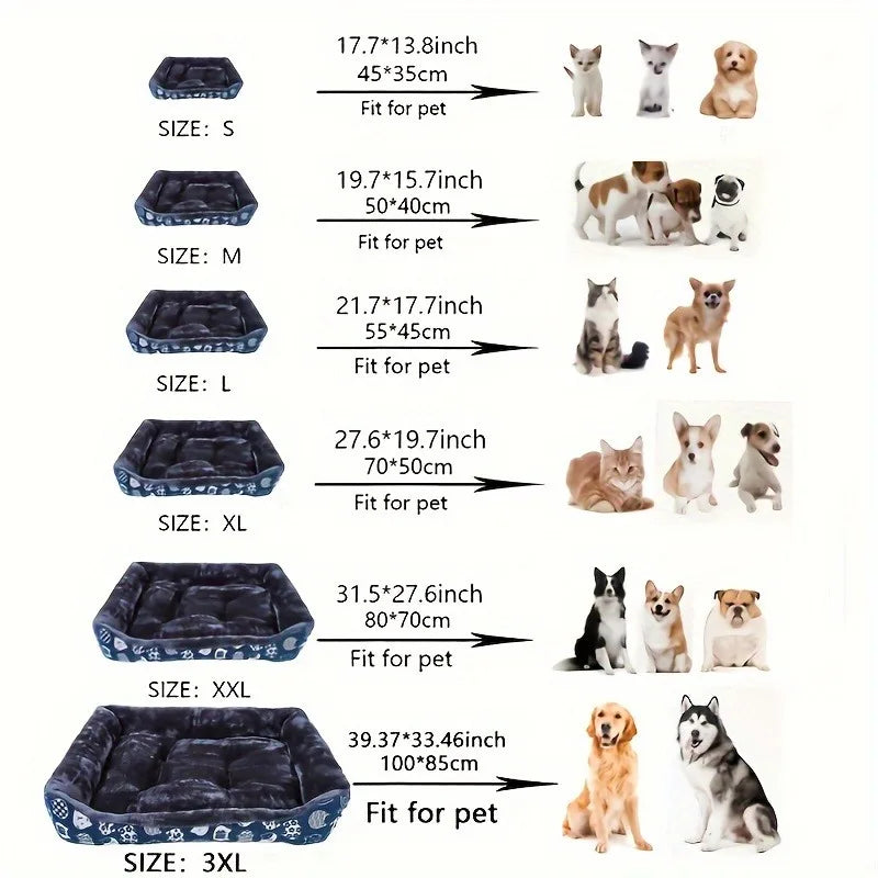 Pet bed size chart with images of pets and dimensions