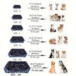 Pet bed size chart with images of pets and dimensions