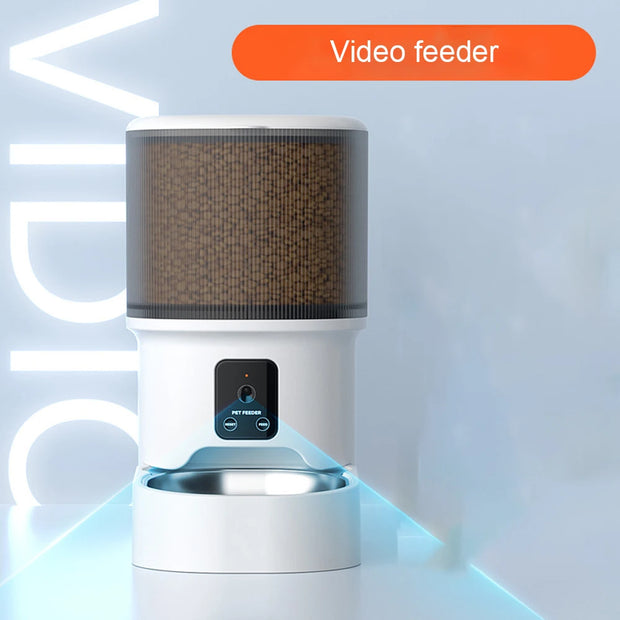 Pet food dispenser with a video feeder feature on a light blue background