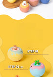 Step-by-step process of a toy being placed inside a colorful ball on a yellow background