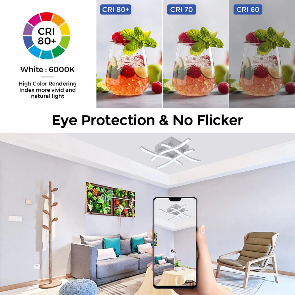 Light fixture comparison with CRI ratings on a glass of fruit and a living room setting.