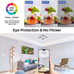 Light fixture comparison with CRI ratings on a glass of fruit and a living room setting.