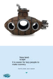 Toy submarine with a humorous quote on a white background