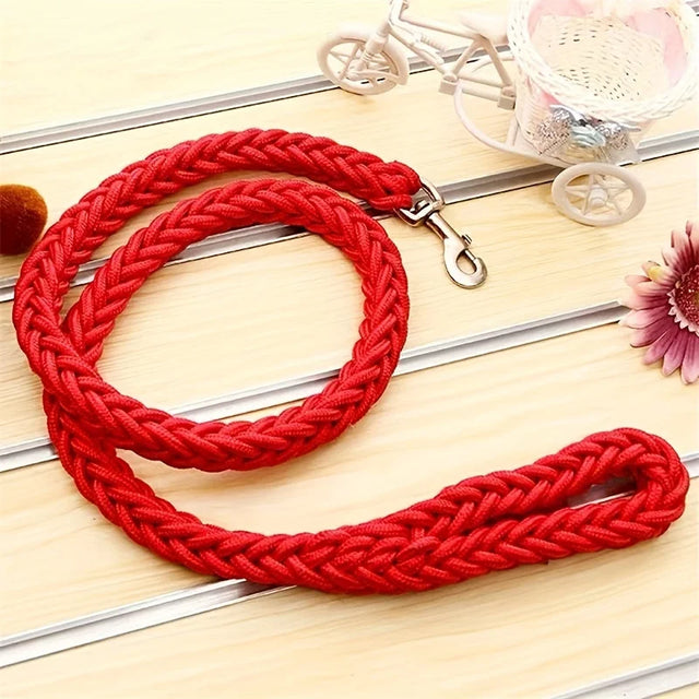 Red braided dog leash on a wooden surface with decorative elements.