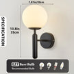 Wall-mounted light fixture with dimensions and bulb compatibility information on a gray background