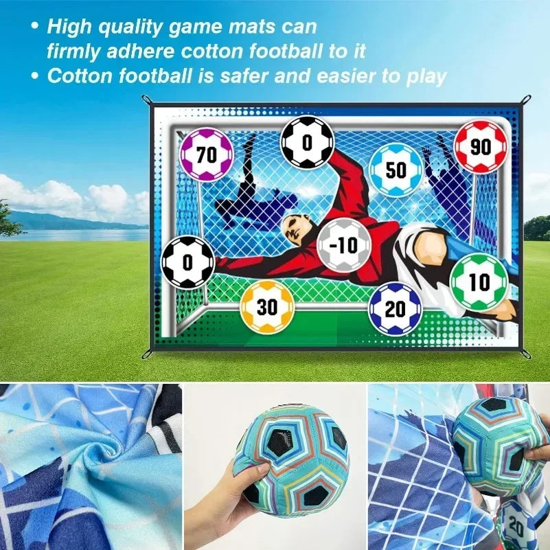 Game mat with soccer-themed scoring system on grassy field