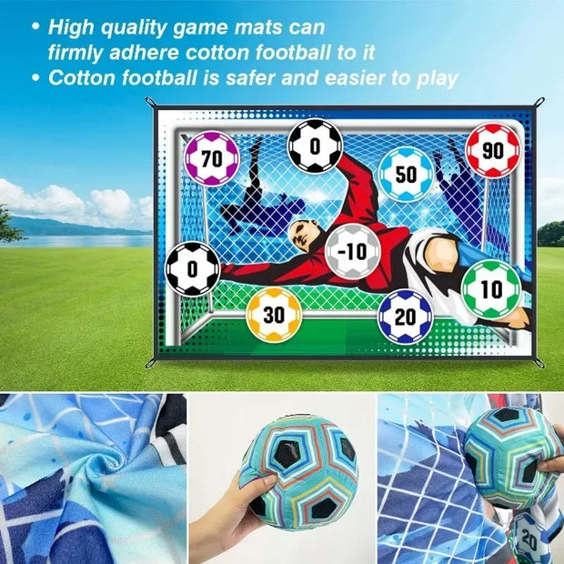 Game mat with soccer-themed scoring system on grassy field