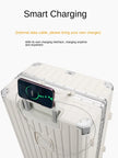 White suitcase with a charging interface and smartphone displaying a charging app on a white background.