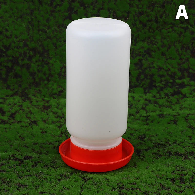 White plastic feeder with red base on a green grass background