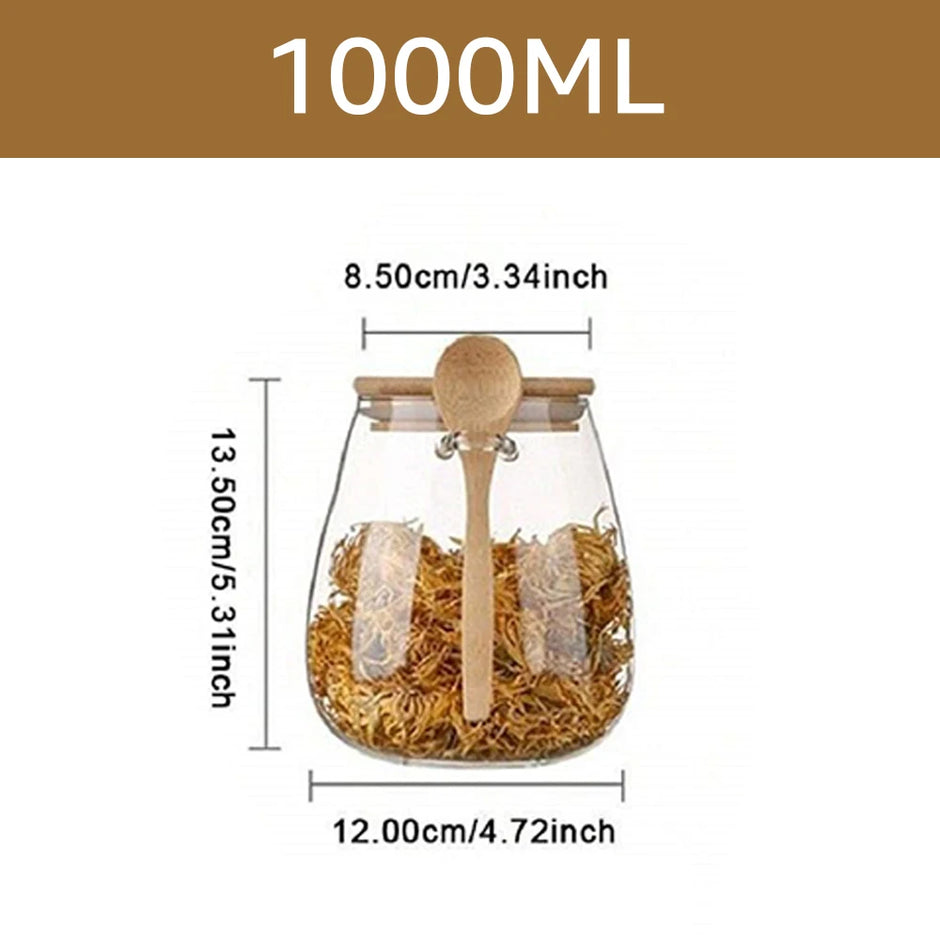 Glass container with wooden spoon and measurements on a white background