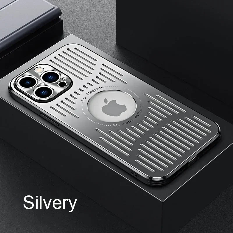 Silver phone case with Apple logo on a dark surface