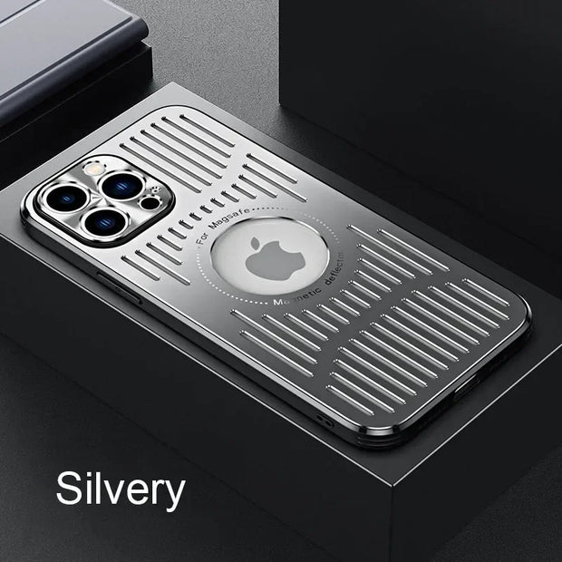 Silver phone case with Apple logo on a dark surface