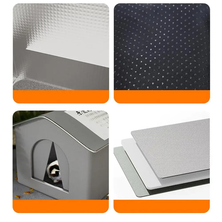 Collage of pet product features with textured materials and a raccoon inside.