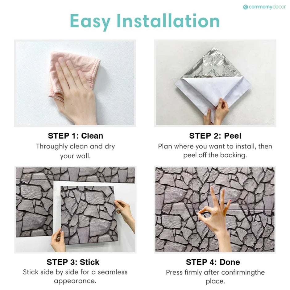Step-by-step guide for installing wall decor with images of cleaning, peeling, sticking, and confirming the place.