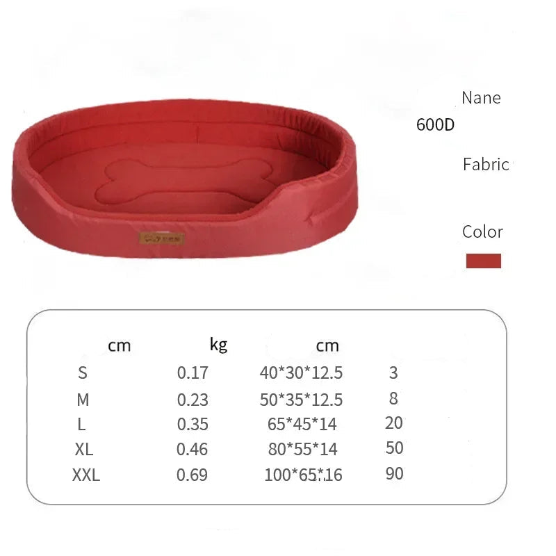 Red pet bed with size chart and fabric information on a white background