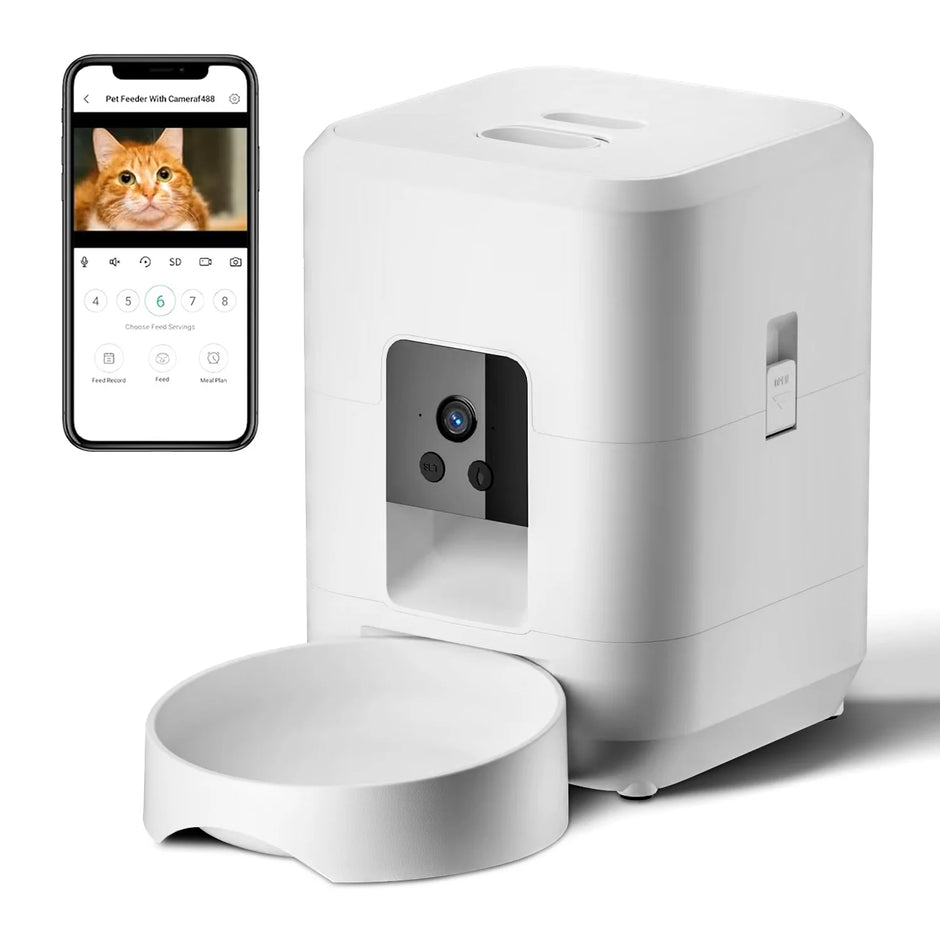 White pet feeder with camera and smartphone app interface on a white background