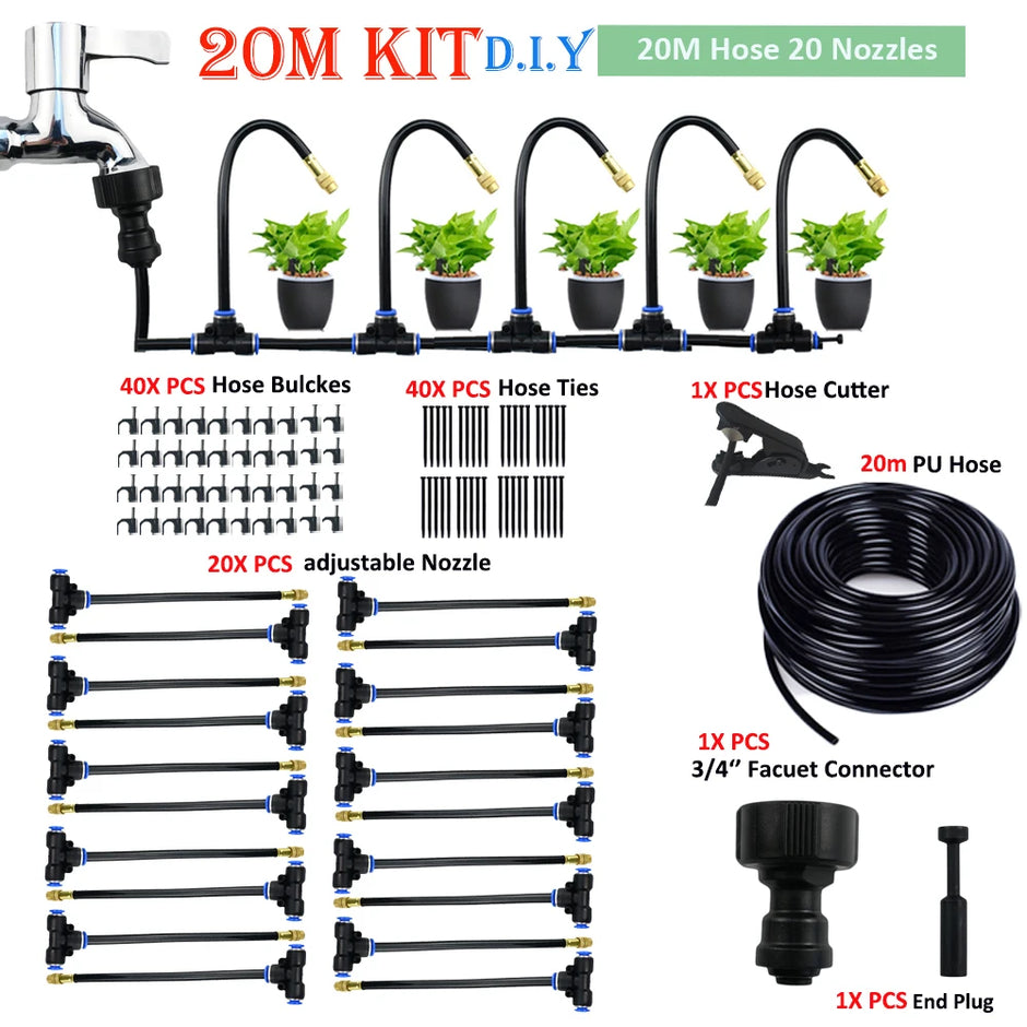 20-meter DIY garden irrigation kit with hose, nozzles, and connectors on a white background.