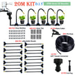 20-meter DIY garden irrigation kit with hose, nozzles, and connectors on a white background.