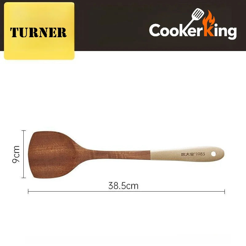 Wooden spatula with measurements and 'Turner' and 'CookerKing' branding.